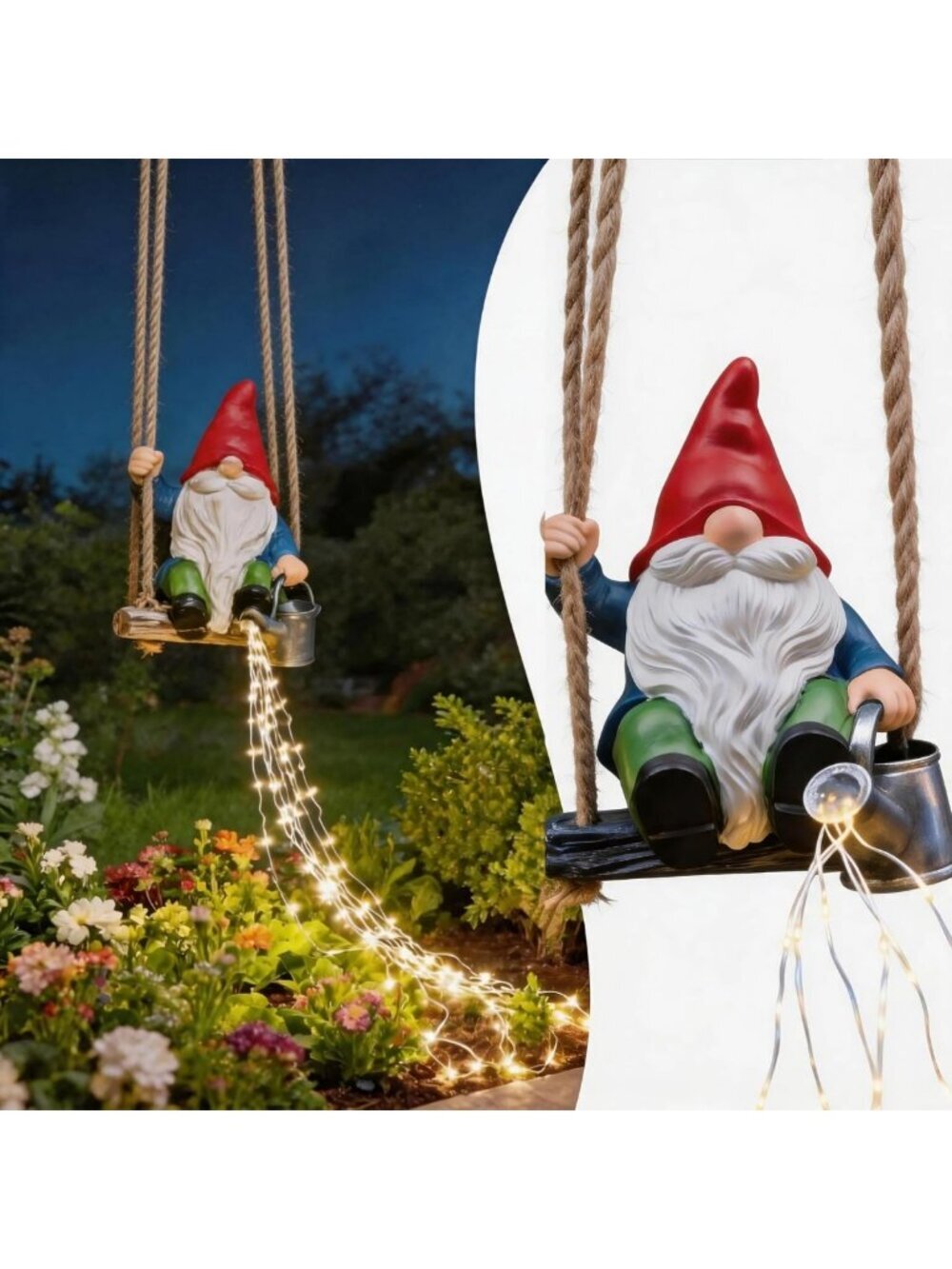 Solar Hanging Garden Gnome Statue with LED Fairy Lights - Outdoor Decor for Yard